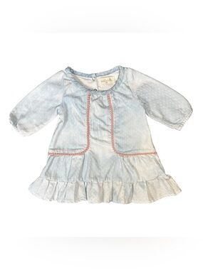 Light Blue Swiss Dot Baby Dress with Ruffle and Pink Trim